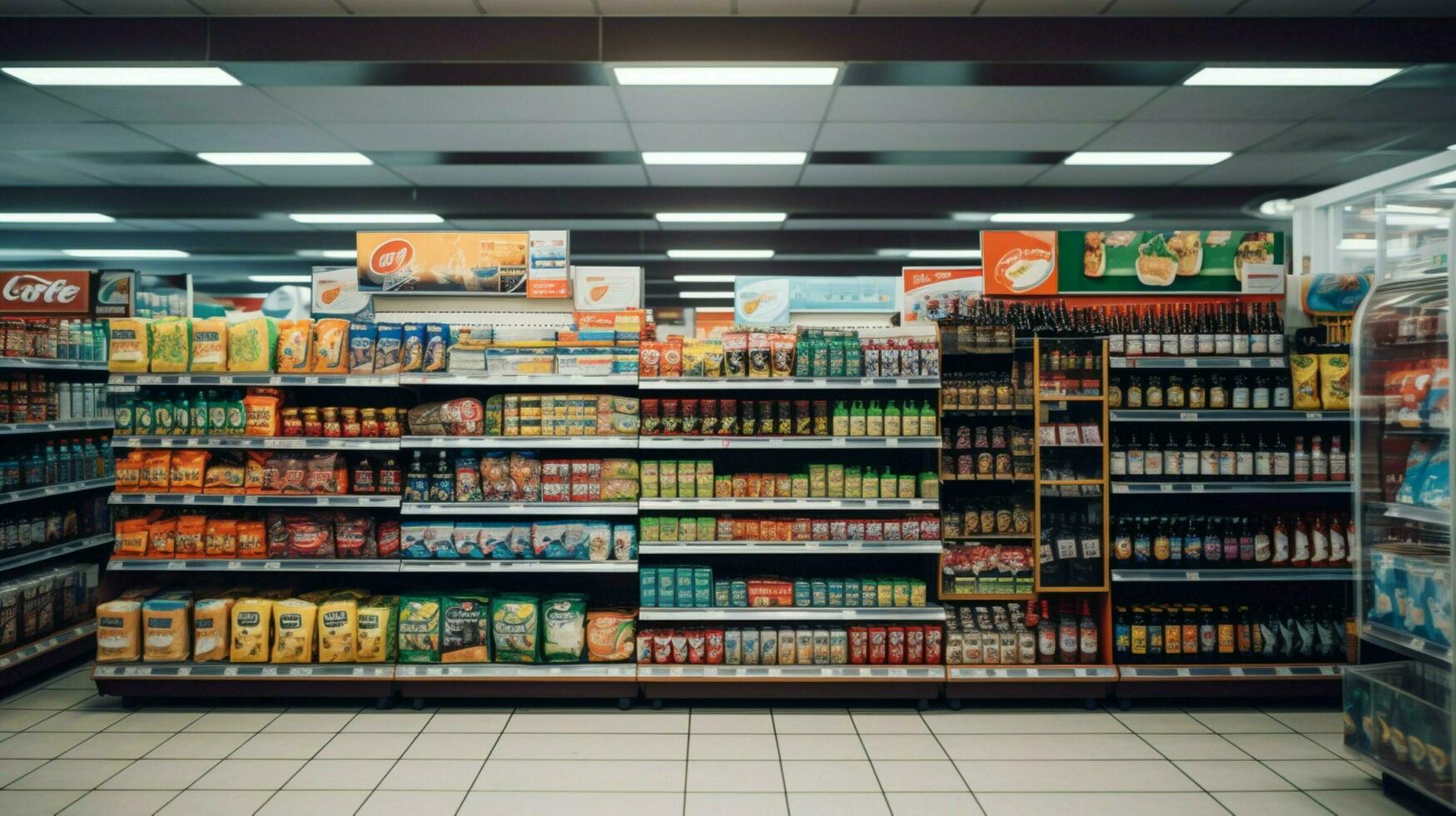 verscheidenheid van handelswaar Aan supermarkt op te slaan schappen foto