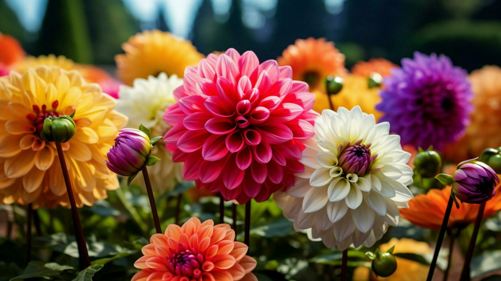 levendig bloemblaadjes van multi gekleurde dahlia in formeel tuin foto