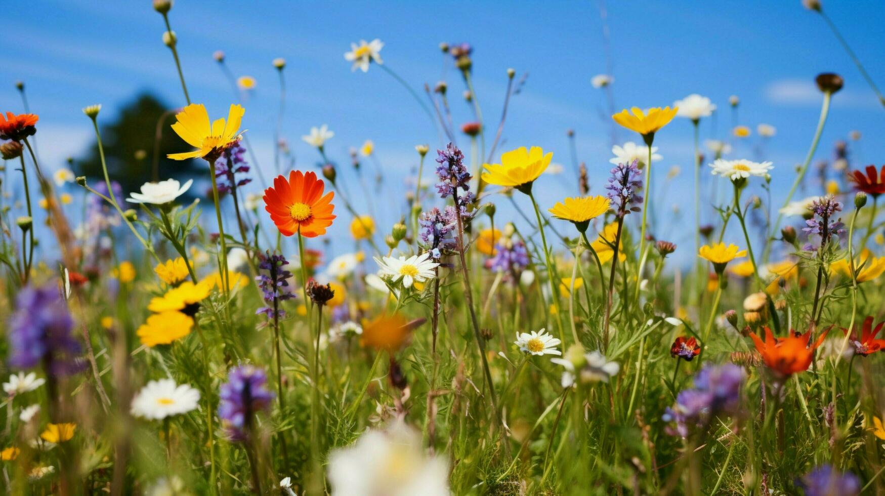 levendig wilde bloemen weide in zomer met geel en Purper foto