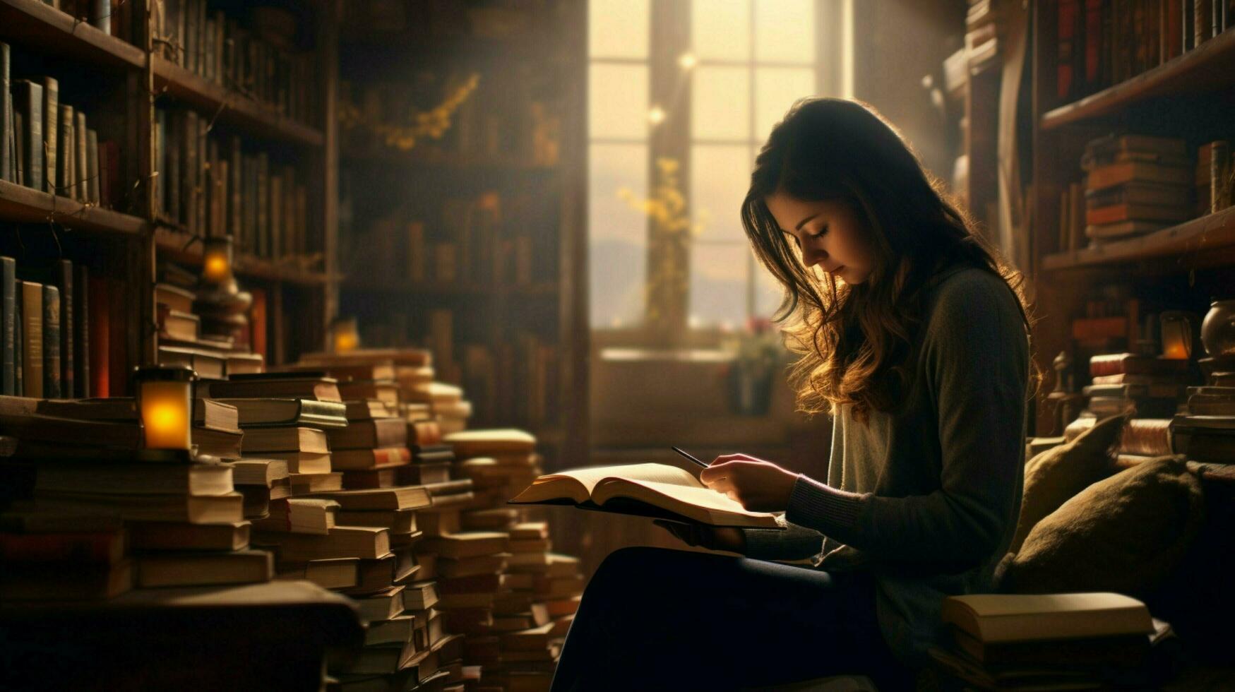 jong vrouw lezing leerboek in huis bibliotheek foto
