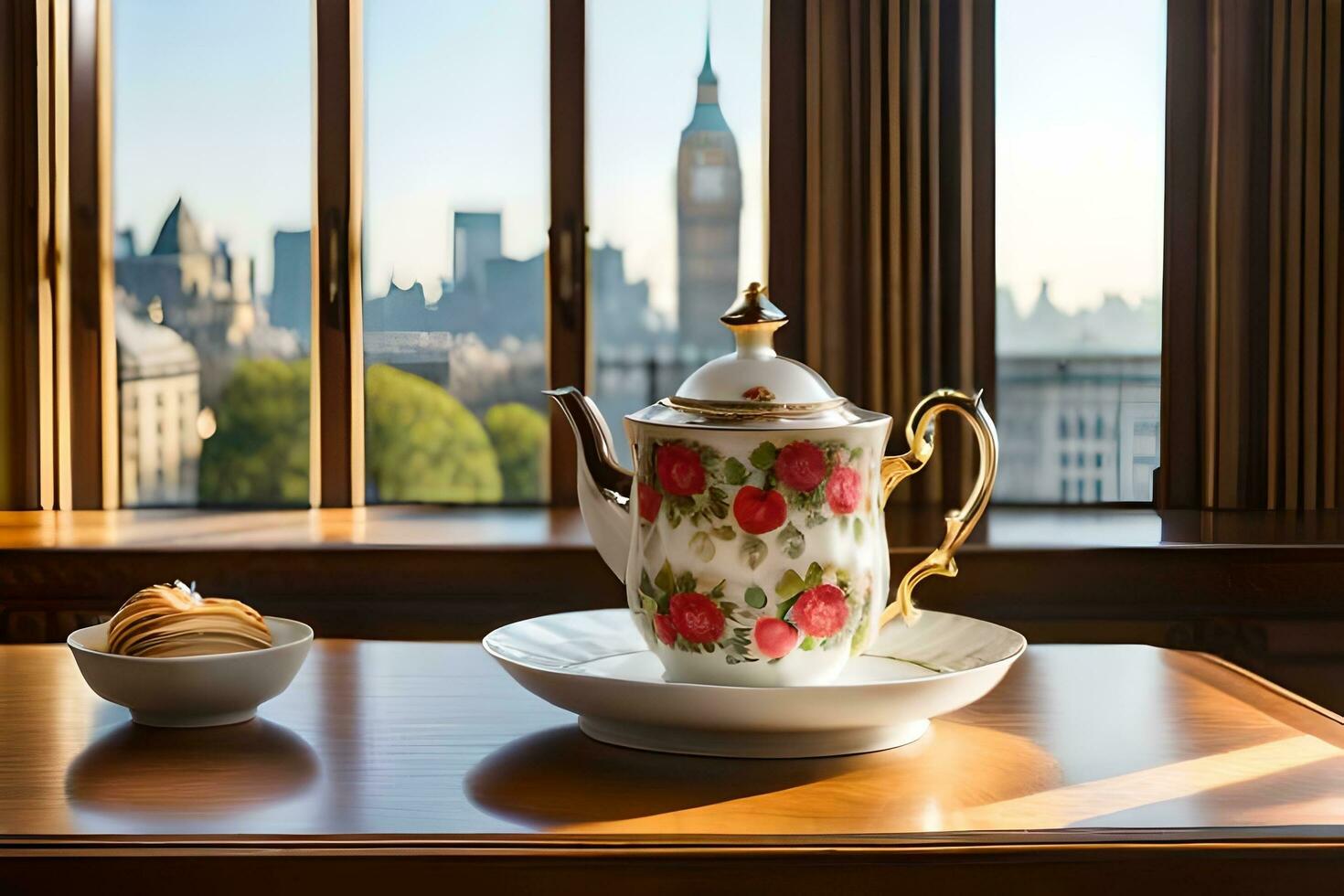 een thee pot en een kop Aan een tafel met een visie van Londen. ai-gegenereerd foto