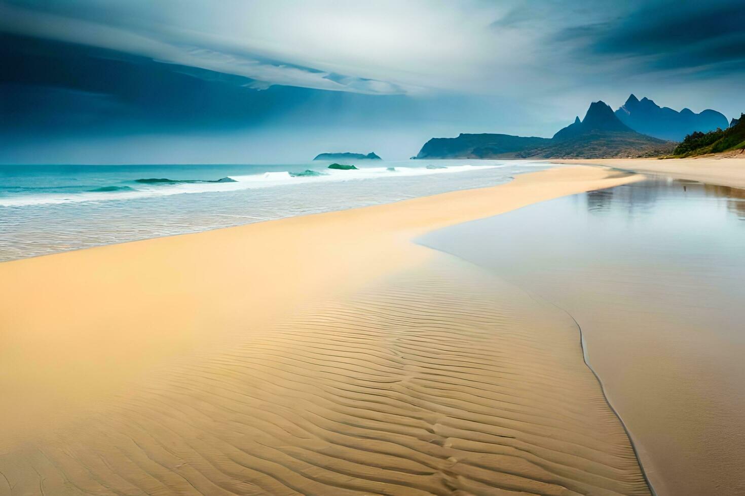een strand met zand en water onder een bewolkt lucht. ai-gegenereerd foto