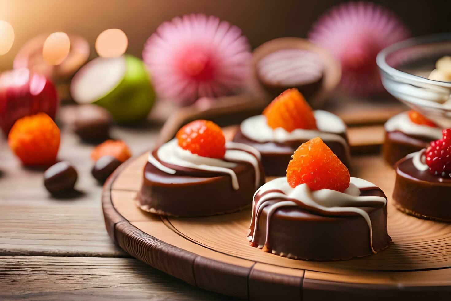 chocola desserts Aan een houten dienblad met fruit. ai-gegenereerd foto