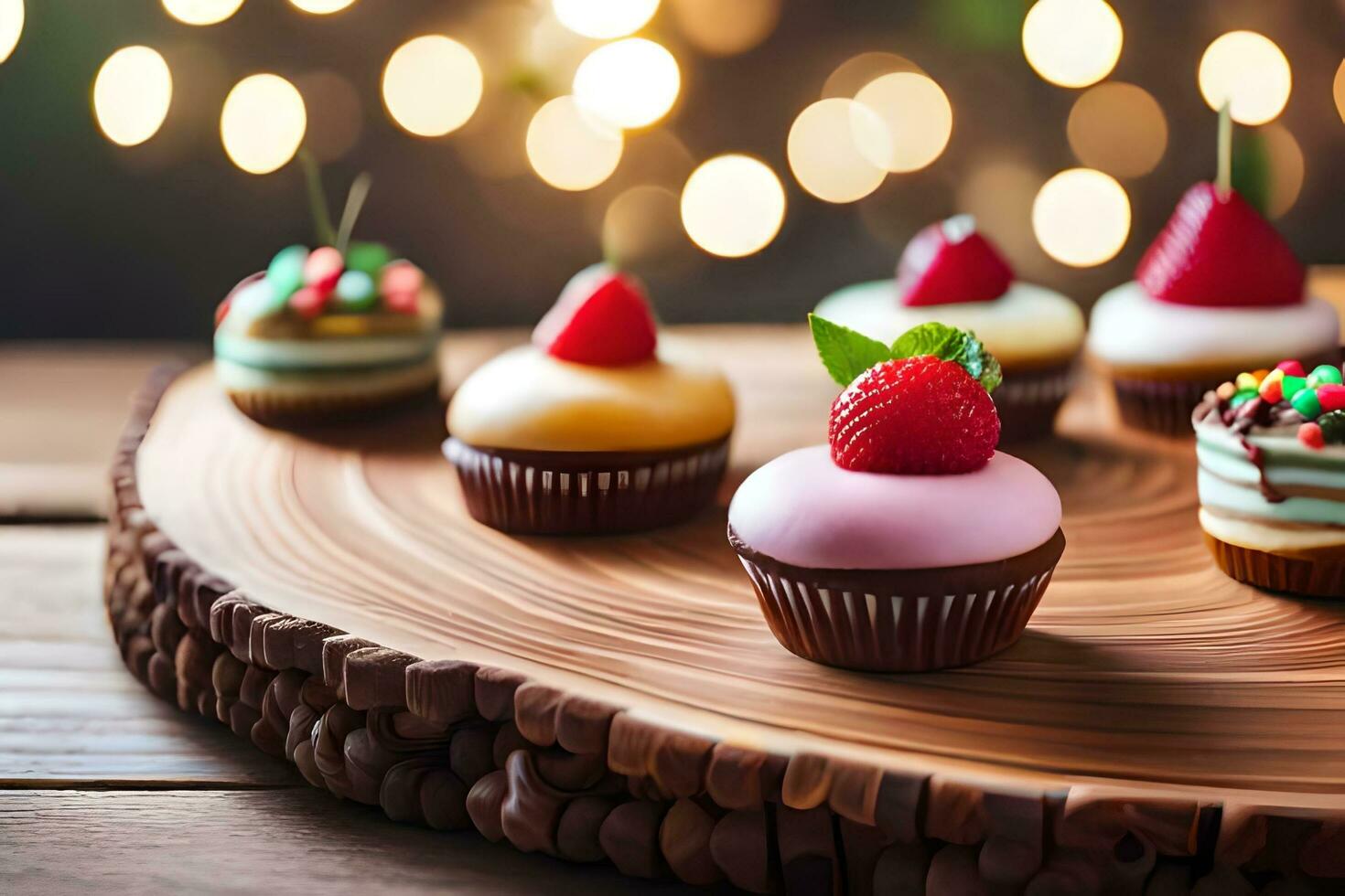 een houten bord met meerdere cupcakes Aan het. ai-gegenereerd foto