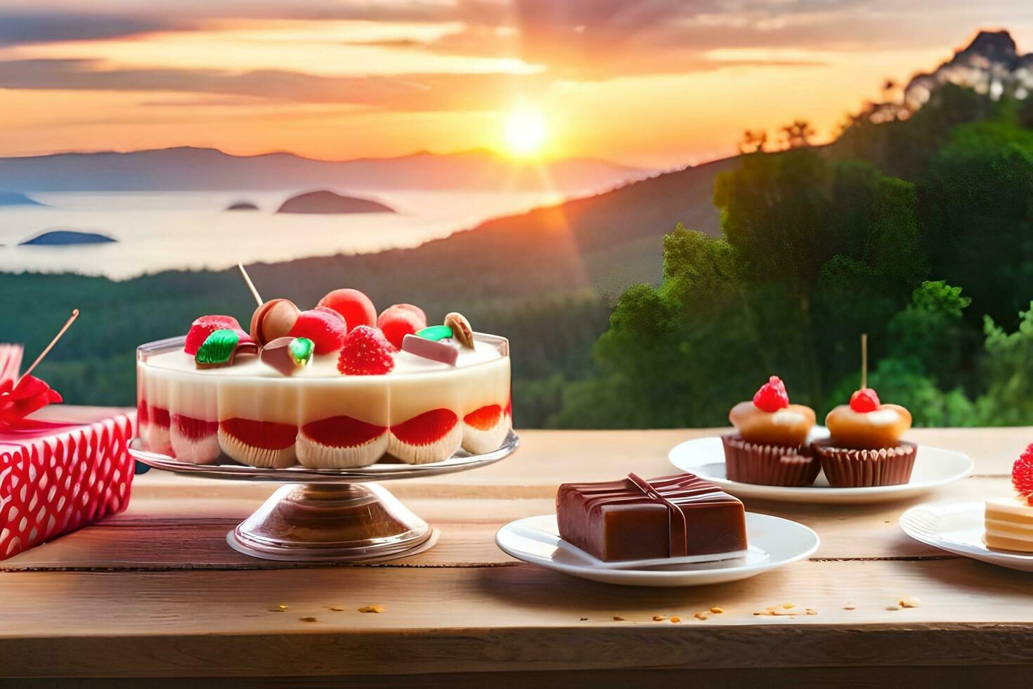 een tafel met cakes en andere desserts Aan het. ai-gegenereerd foto