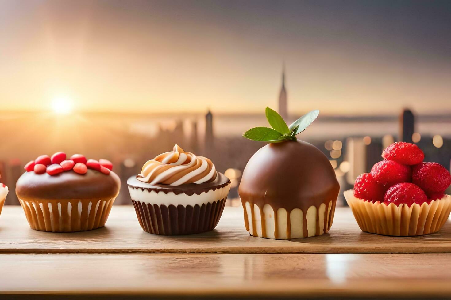 chocola cupcakes met stad visie. ai-gegenereerd foto