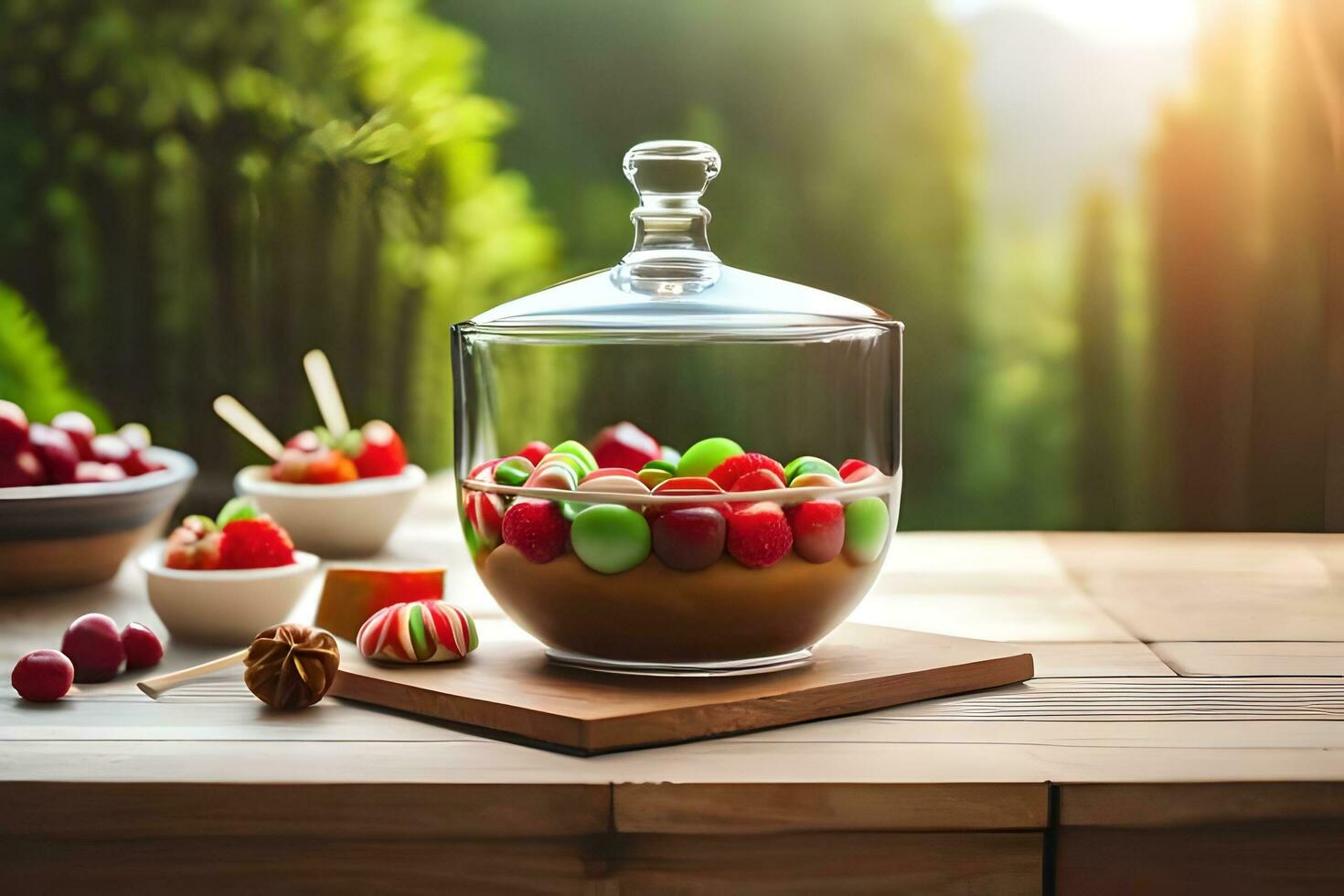 een glas pot gevulde met fruit en snoep Aan een tafel. ai-gegenereerd foto