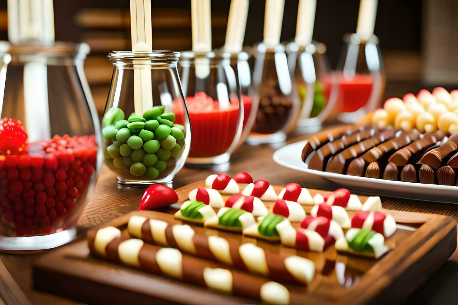 divers types van snoep en snoepgoed Aan een tafel. ai-gegenereerd foto