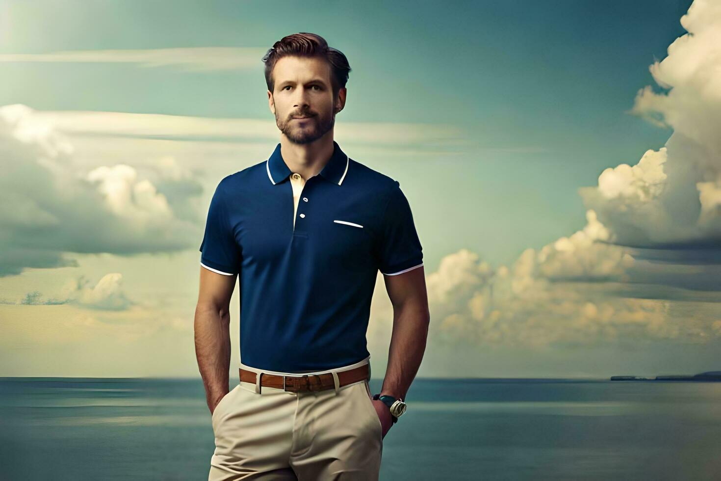 een Mens in een blauw polo overhemd en khaki broek staand Aan de strand. ai-gegenereerd foto