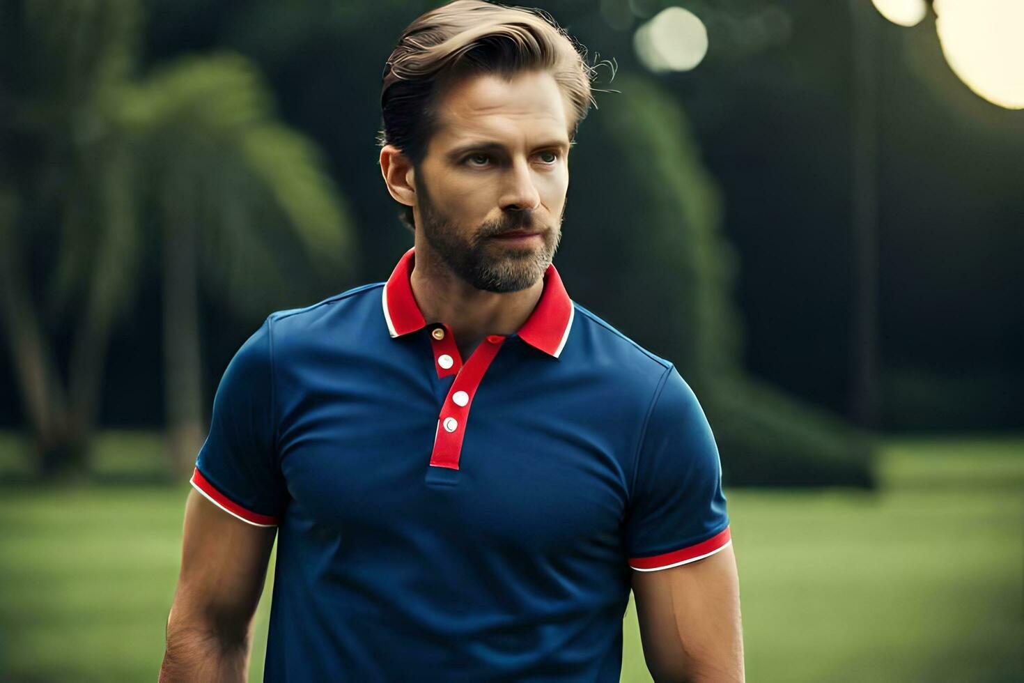 een Mens in een blauw polo overhemd en rood halsband. ai-gegenereerd foto