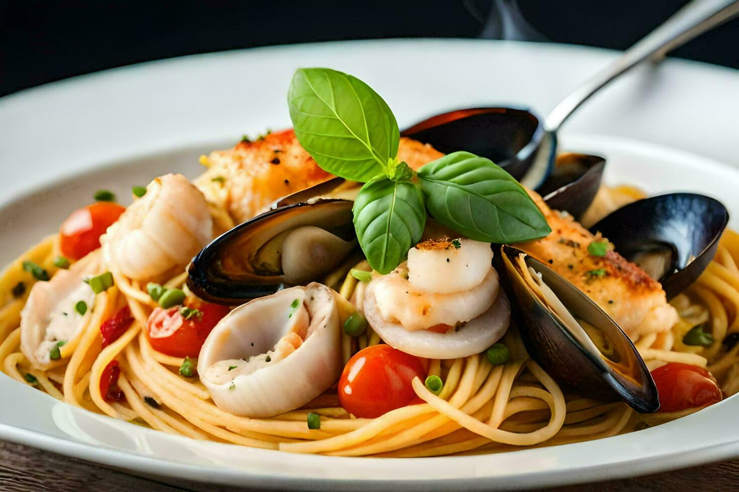 een bord van pasta met zeevruchten en tomaten. ai-gegenereerd foto