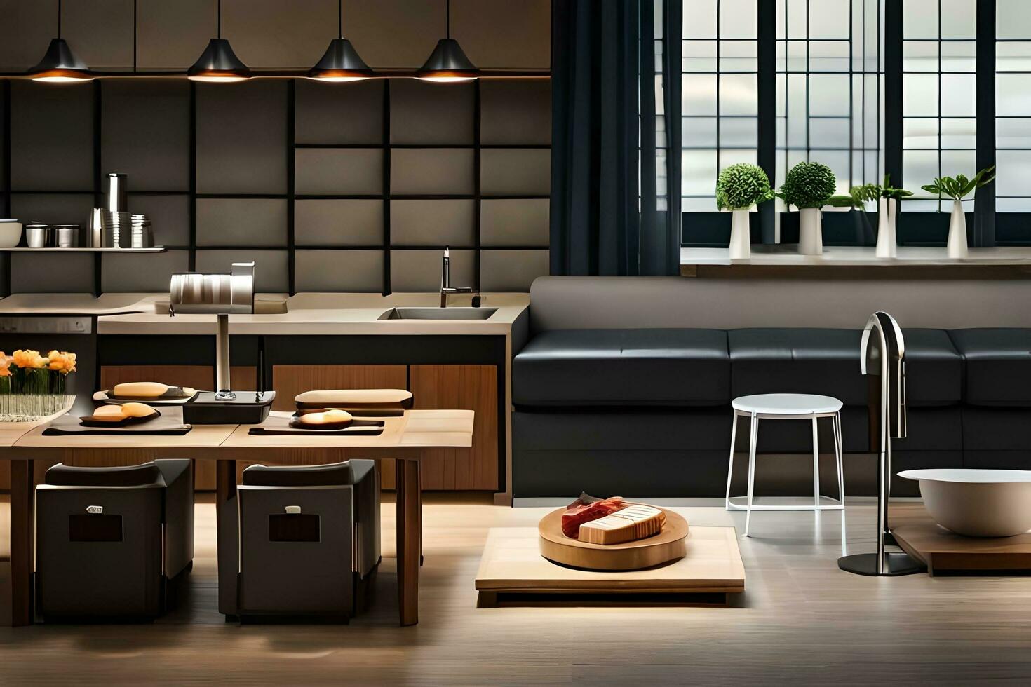 een modern keuken met een tafel, stoelen en een wasbak. ai-gegenereerd foto
