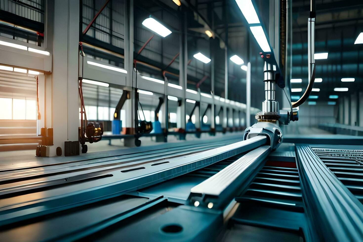 een fabriek met metaal rails en machines. ai-gegenereerd foto