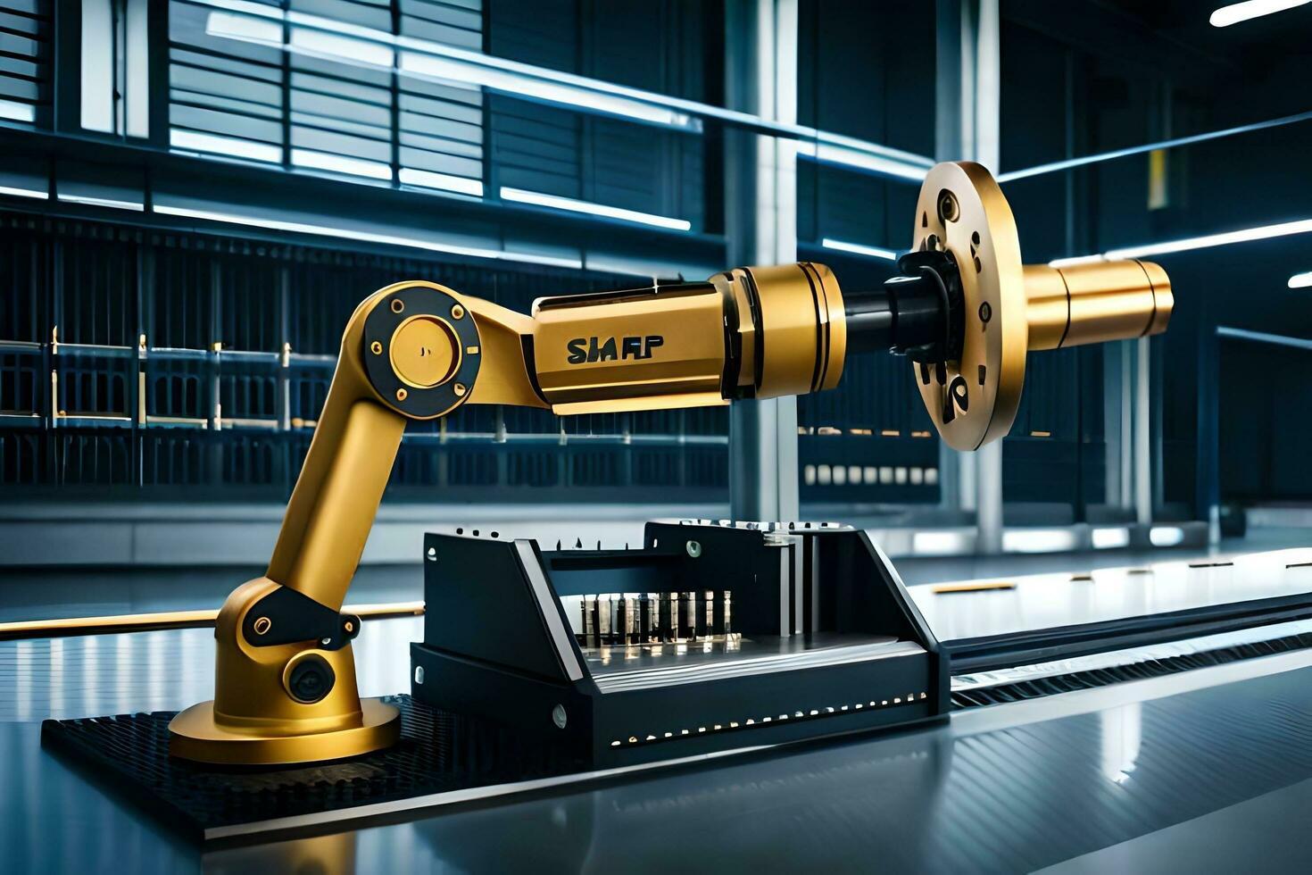 een robot arm is zittend Aan een tafel in een fabriek. ai-gegenereerd foto