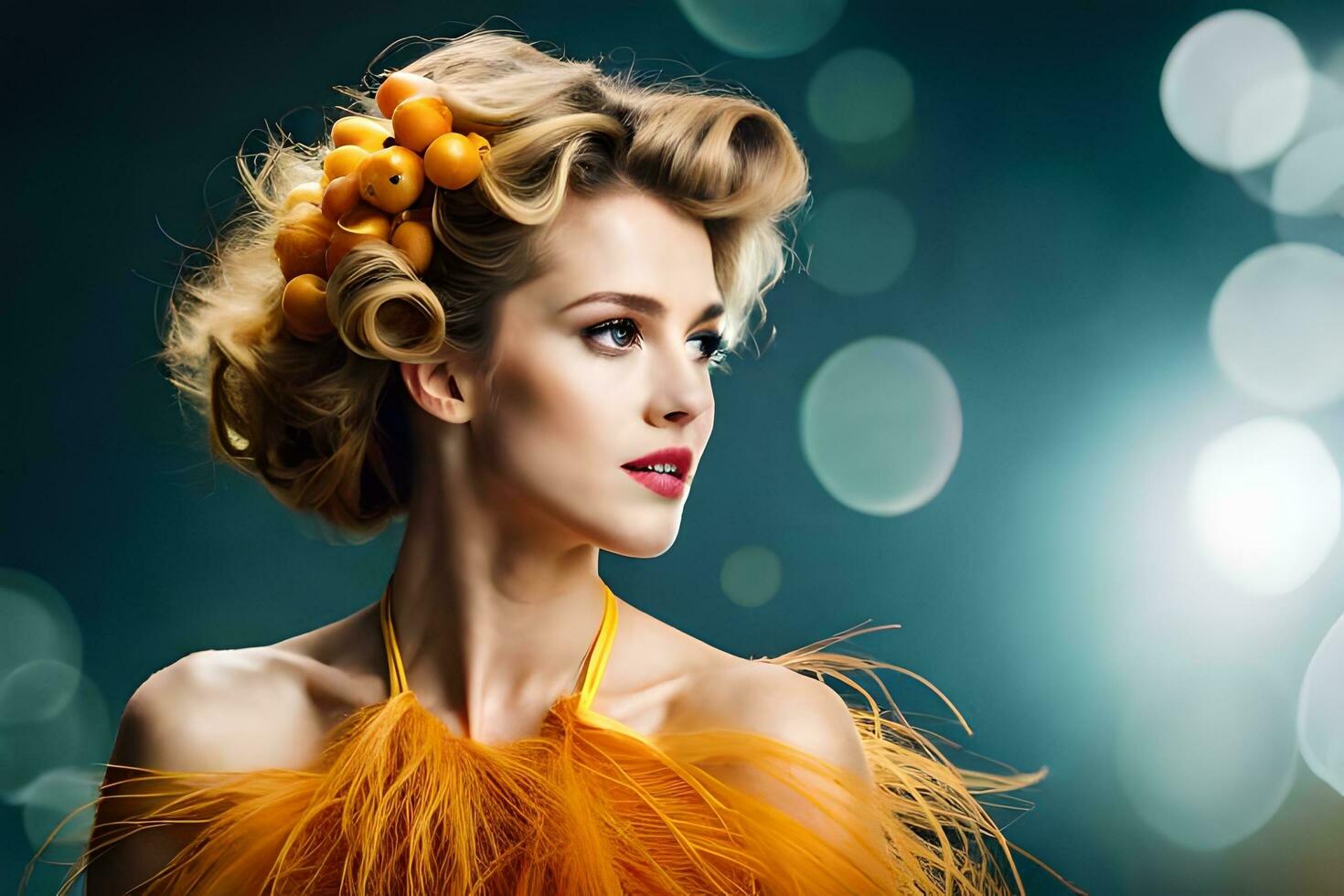 mooi blond vrouw met oranje haar- en veer in haar haar. ai-gegenereerd foto