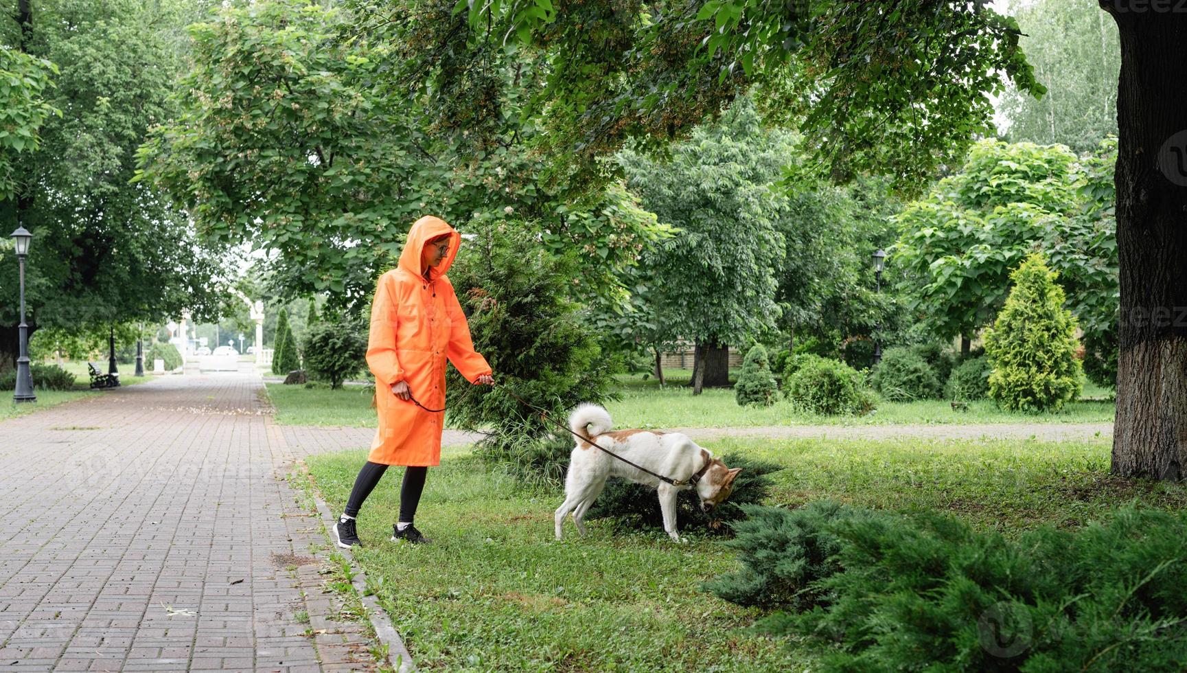 jonge vrouw in oranje regenjas wandelen met haar hond in een park foto