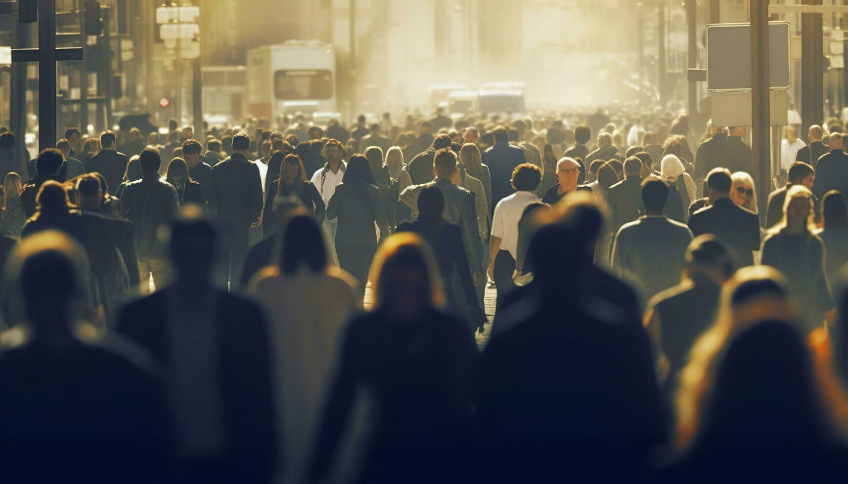 menigte van mensen wandelen bezig stad straat verlicht. generatief ai foto