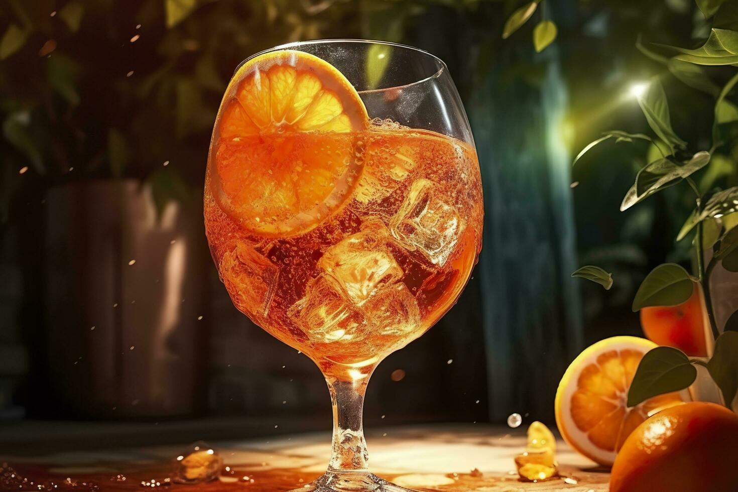 aperol spritz zomer drinken in glas met schaduwen, tropisch achtergrond. generatief ai foto