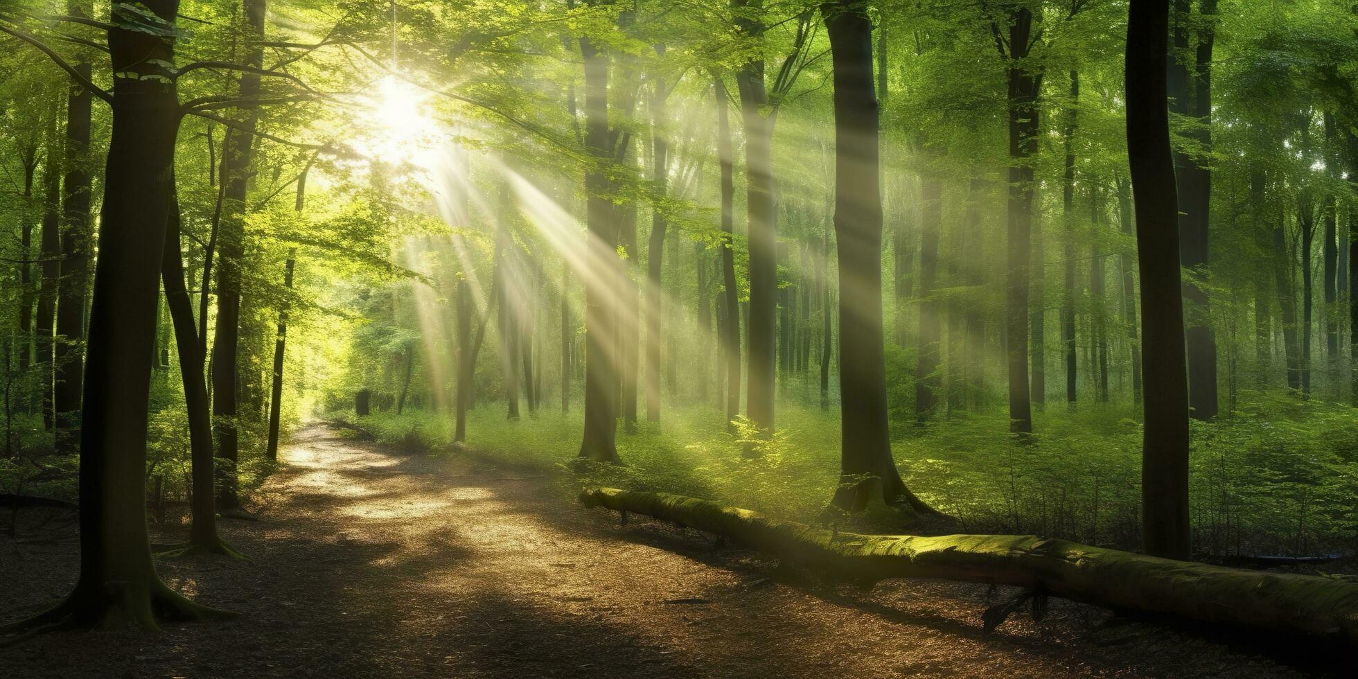 mooi stralen van zonlicht in een groen Woud. generatief ai foto