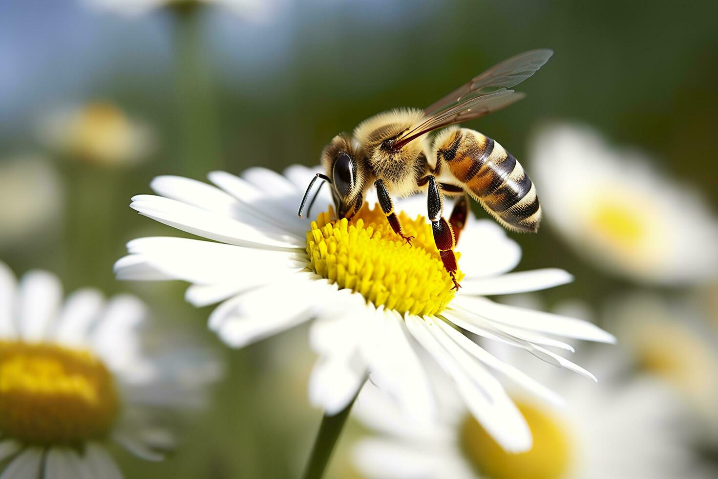 bij en bloem. dichtbij omhoog van een bij verzamelen honing Aan een madeliefje bloem Aan een zonnig dag. generatief ai foto