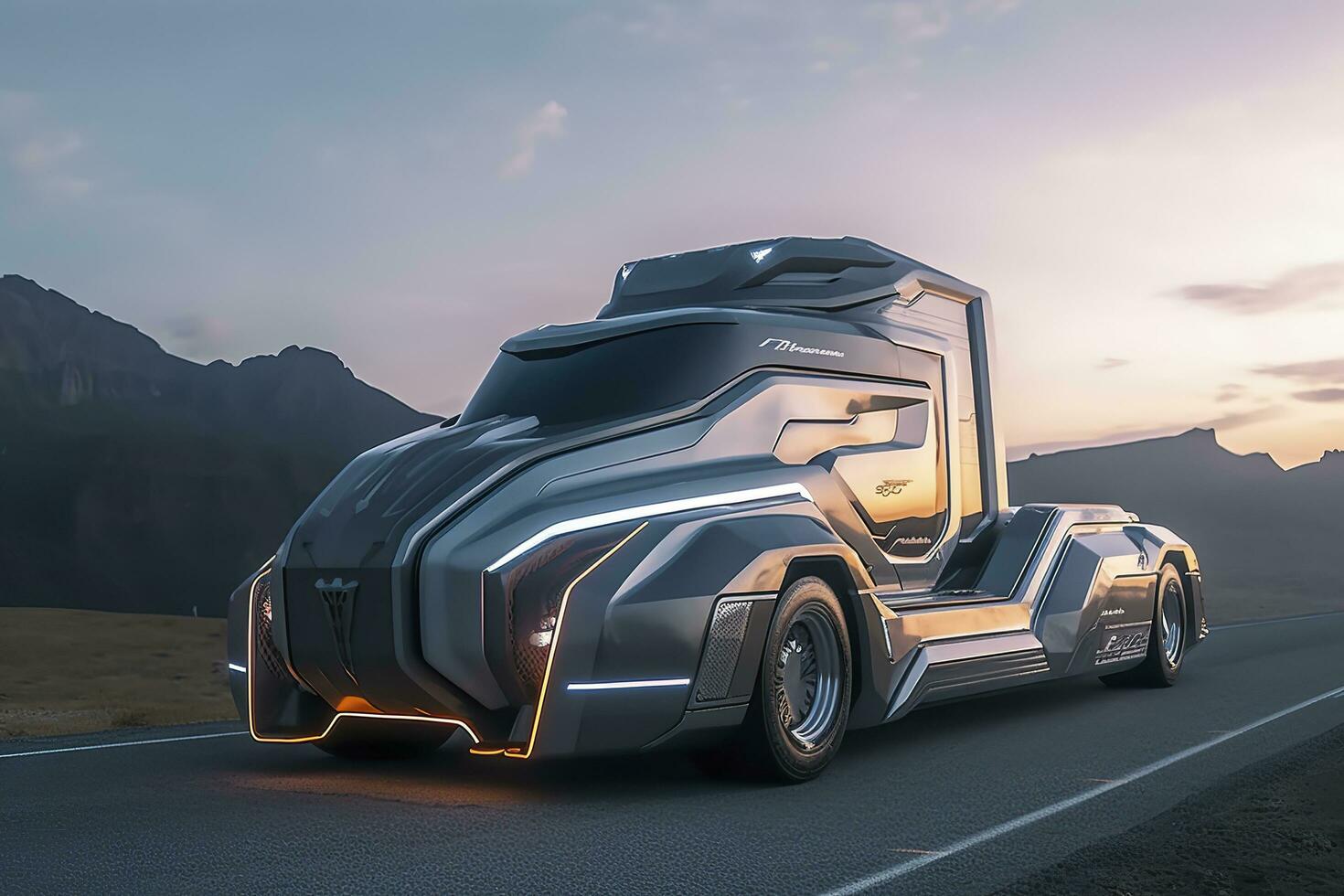 23e eeuw futuristische vrachtauto met hyper modern drijfveer, breed hoek lens, en futuristische wolkenkrabber in de achtergrond. ai generatief foto