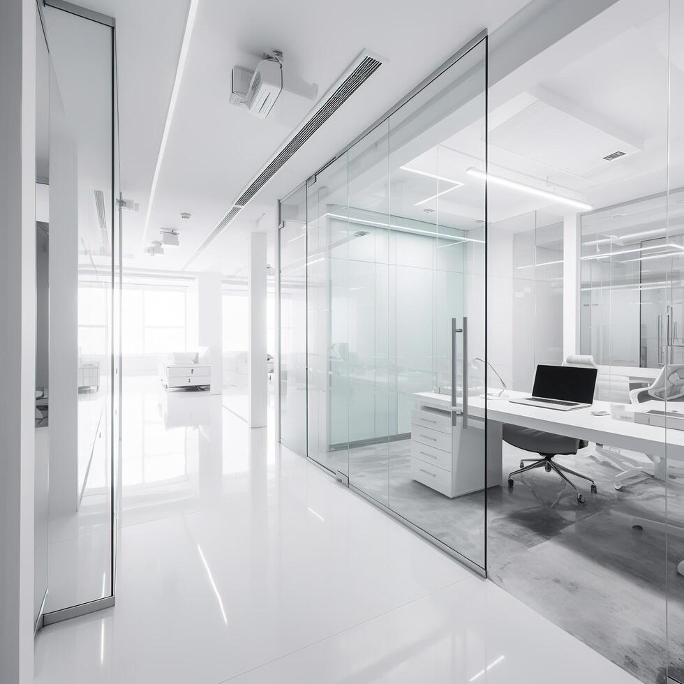 een modern kantoor met glas muren en wit meubilair. ai generatief foto