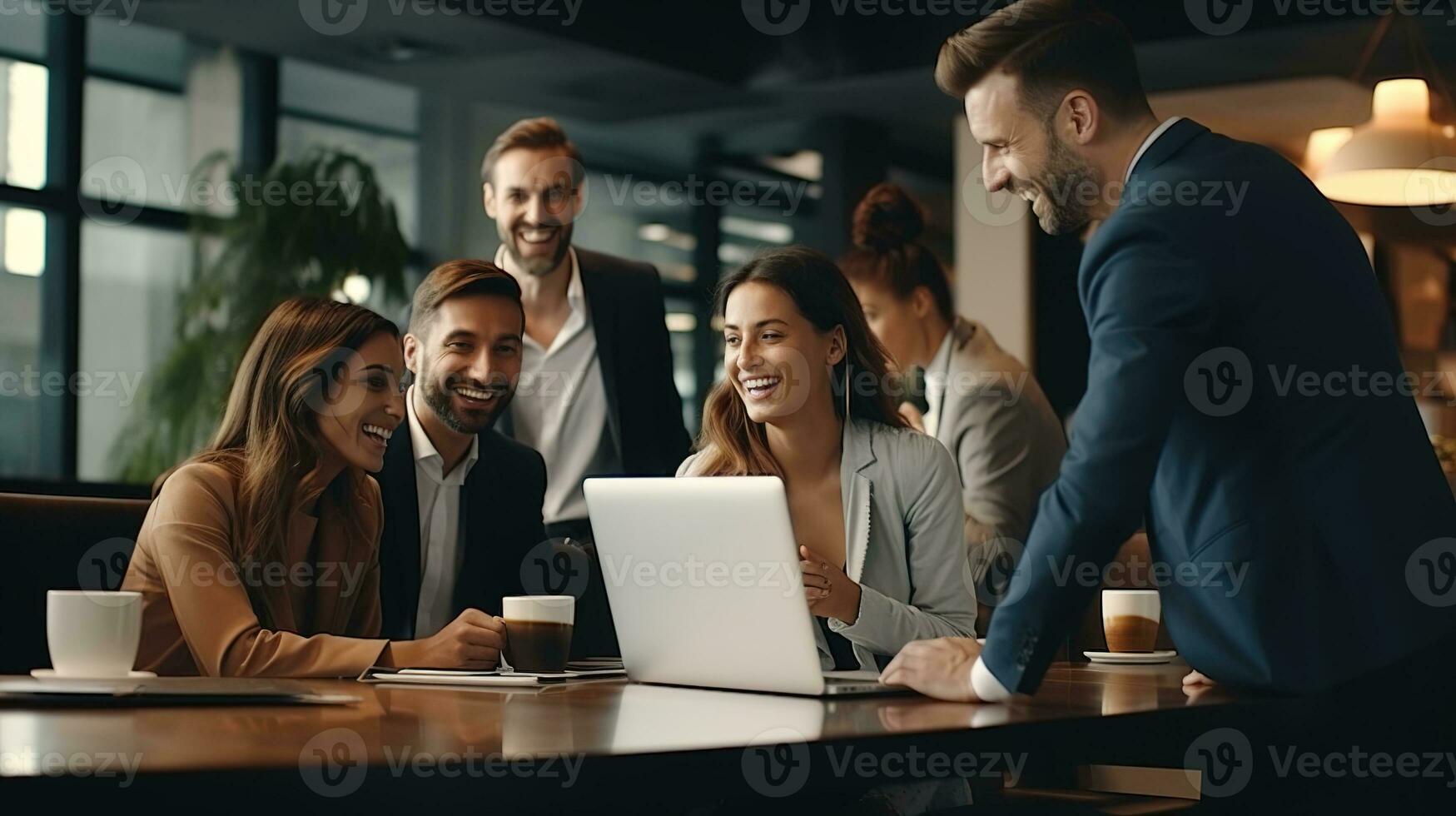 een groep van mensen zittend in de omgeving van een tafel met een laptop. ai generatief foto