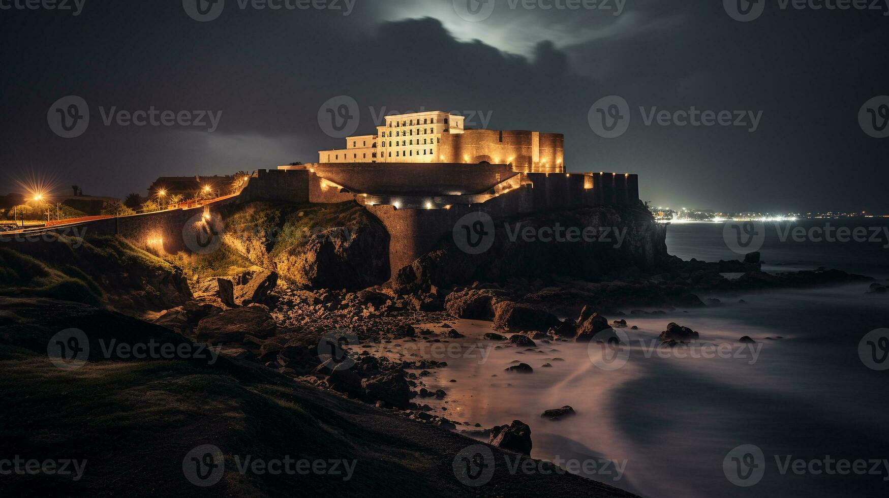 nacht visie van kaap kust kasteel. generatief ai foto