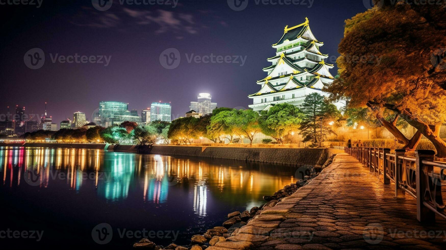 nacht visie van Osaka kasteel. generatief ai foto