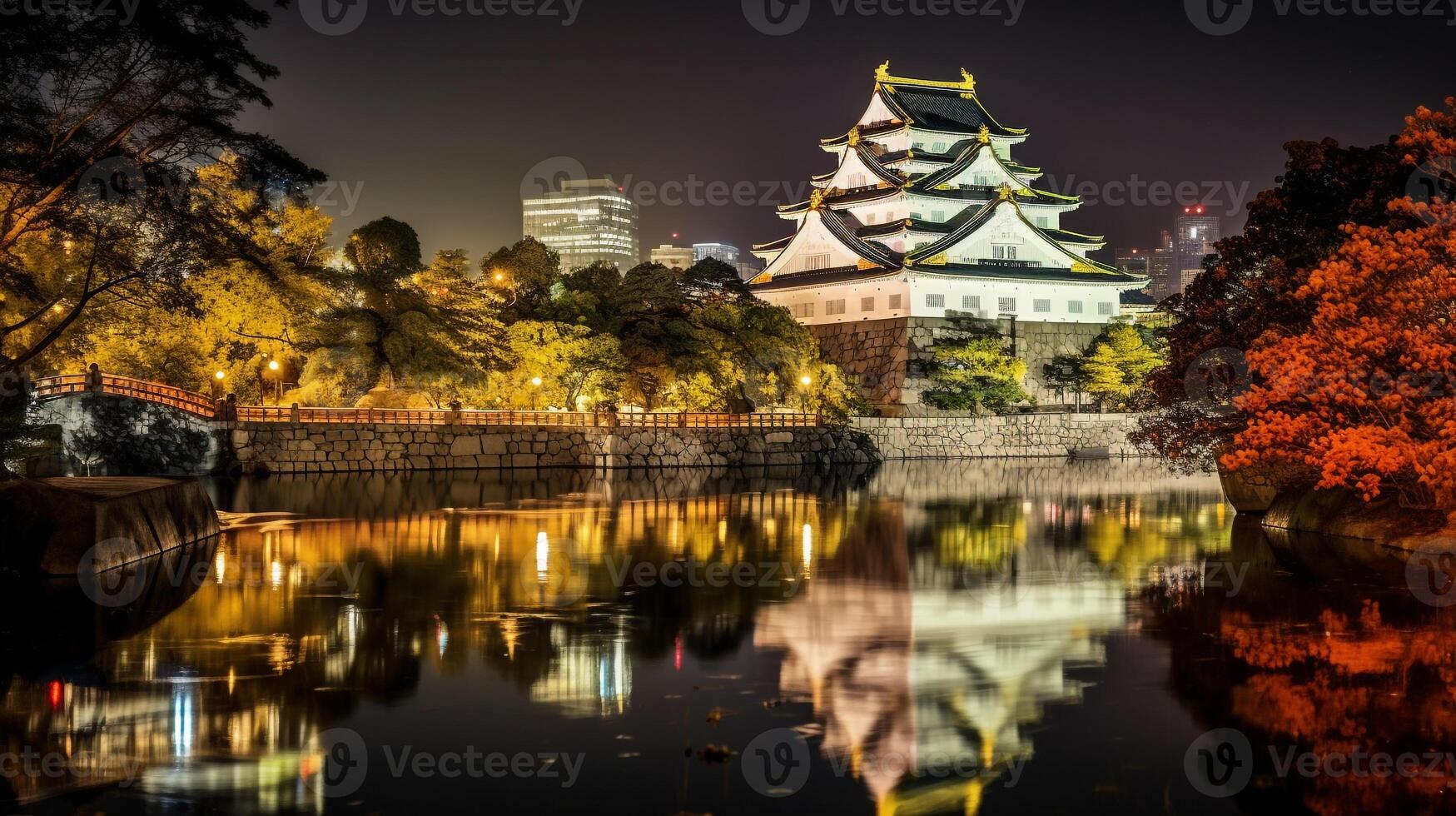 nacht visie van Osaka kasteel. generatief ai foto