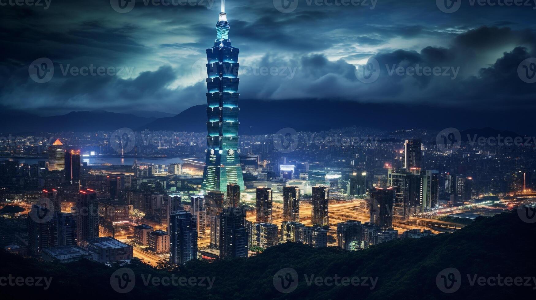 nacht visie van Taipei 101. generatief ai foto