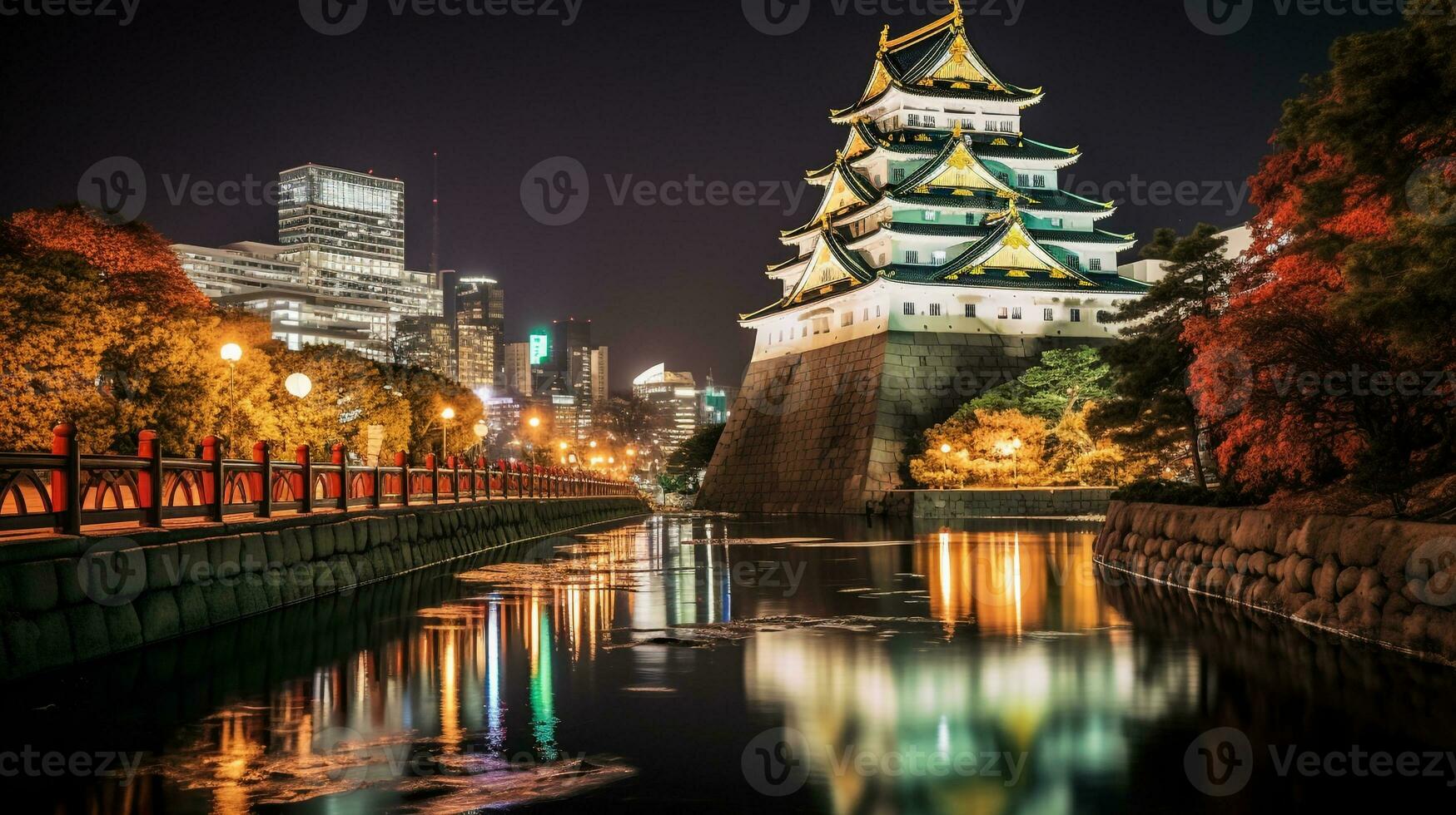 nacht visie van Osaka kasteel. generatief ai foto