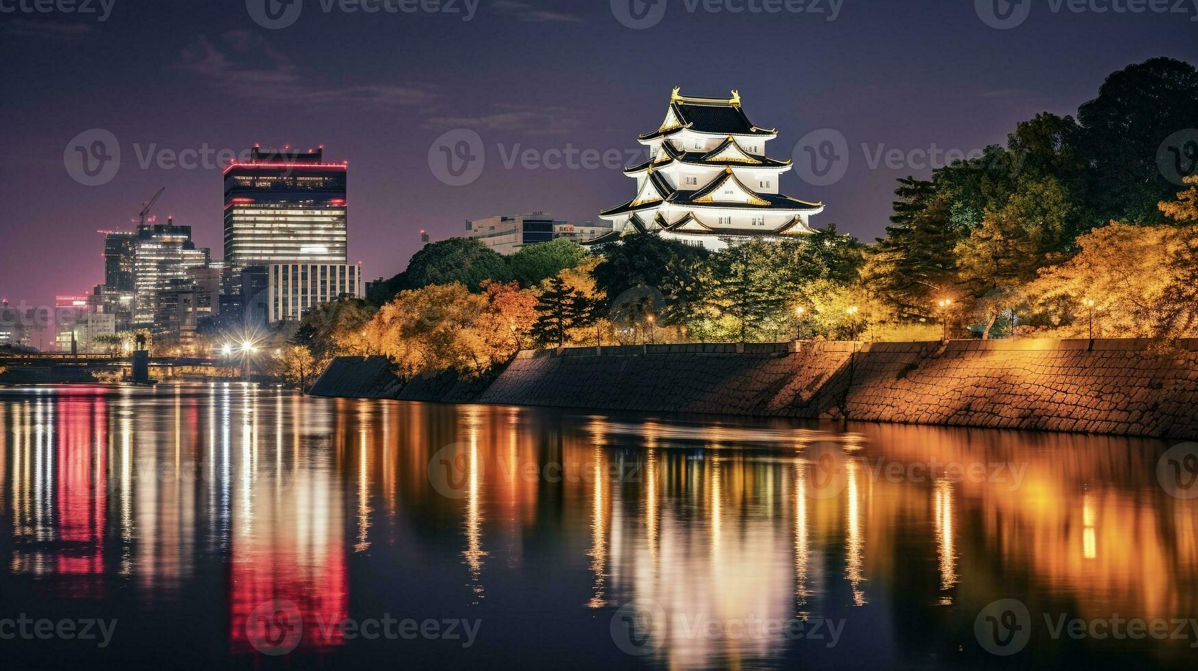 nacht visie van Osaka kasteel. generatief ai foto