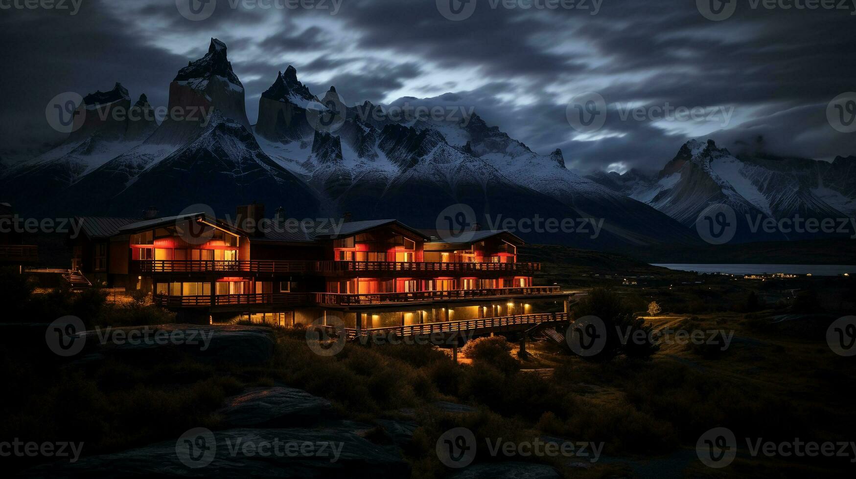 nacht visie van Torres del paine hotel. generatief ai foto