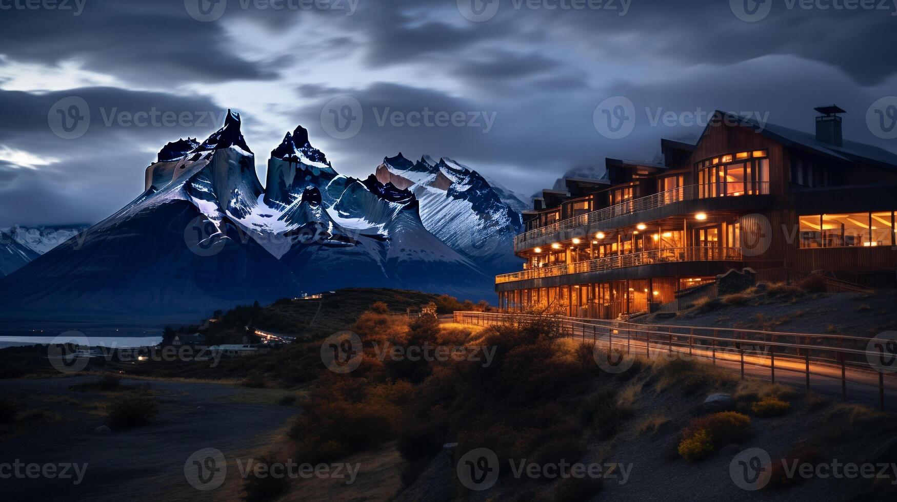 nacht visie van Torres del paine hotel. generatief ai foto