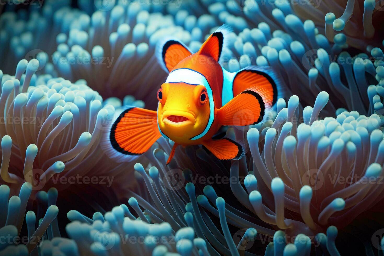 amphiprion Ocellaris clown vis en anemoon in zee. generatief ai foto