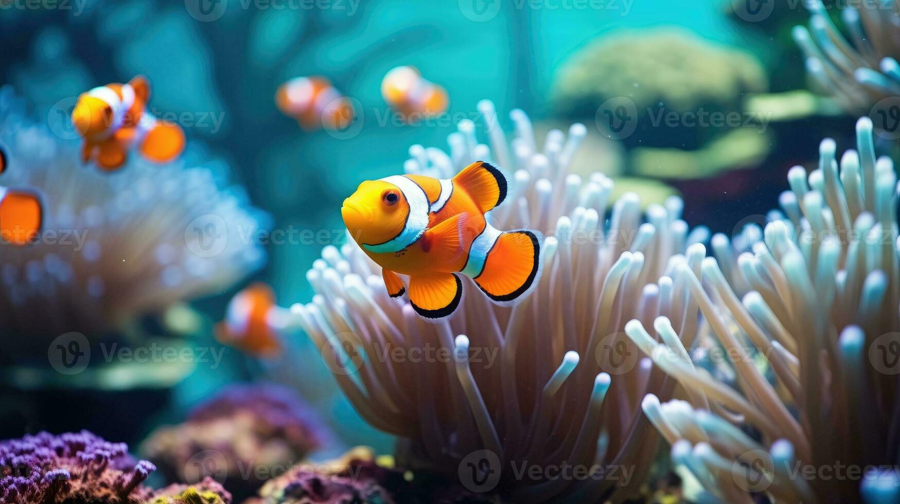 amphiprion Ocellaris clown vis en anemoon in zee. generatief ai foto