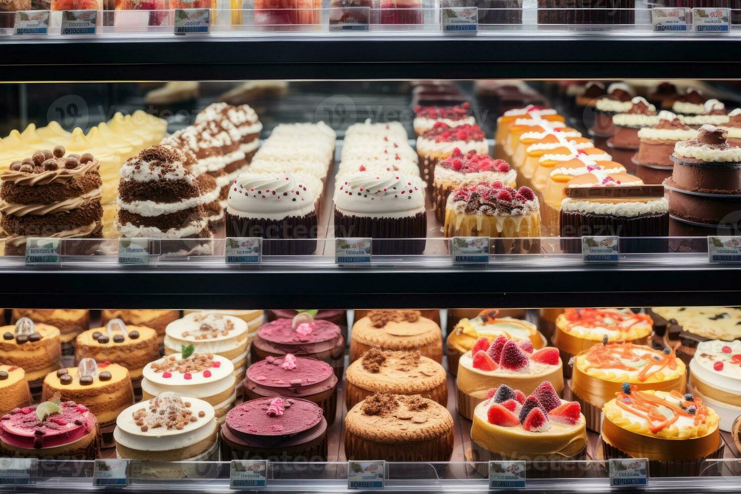 geassorteerd cakes in een winkel venster voor uitverkoop. generatief ai foto