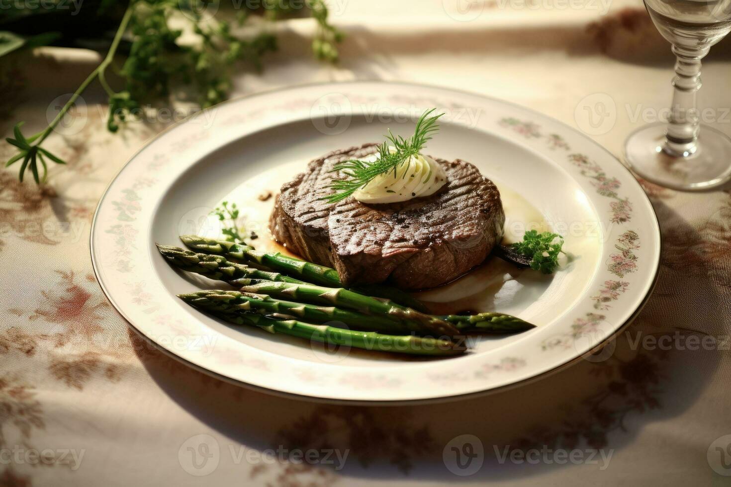 rundvlees steak met een klassiek garneer van asperges en champignons Aan een antiek porselein bord. generatief ai foto