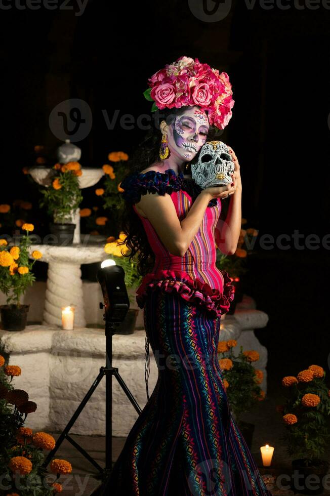 calavera Catrina zittend Aan een troon. suiker schedel verzinnen. dia de los muertos. dag van de dood. halloween. foto