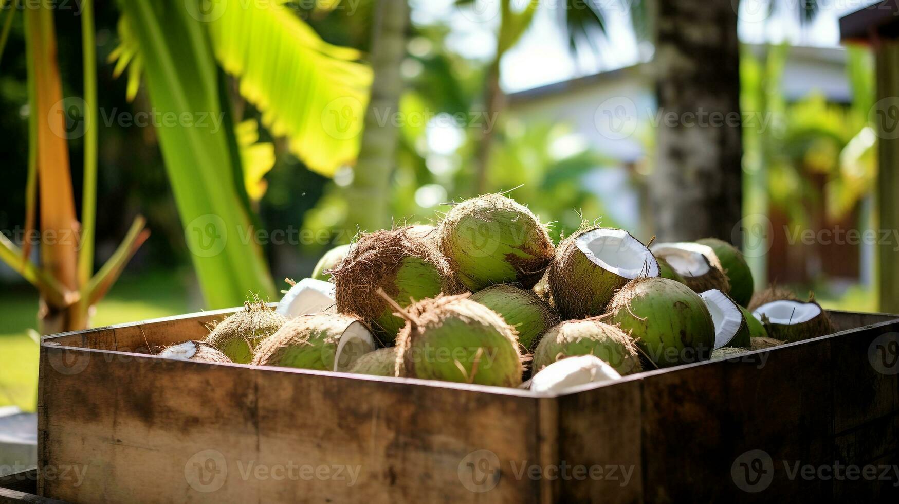 vers geplukt kokosnoot fruit van tuin geplaatst in de dozen. generatief ai foto