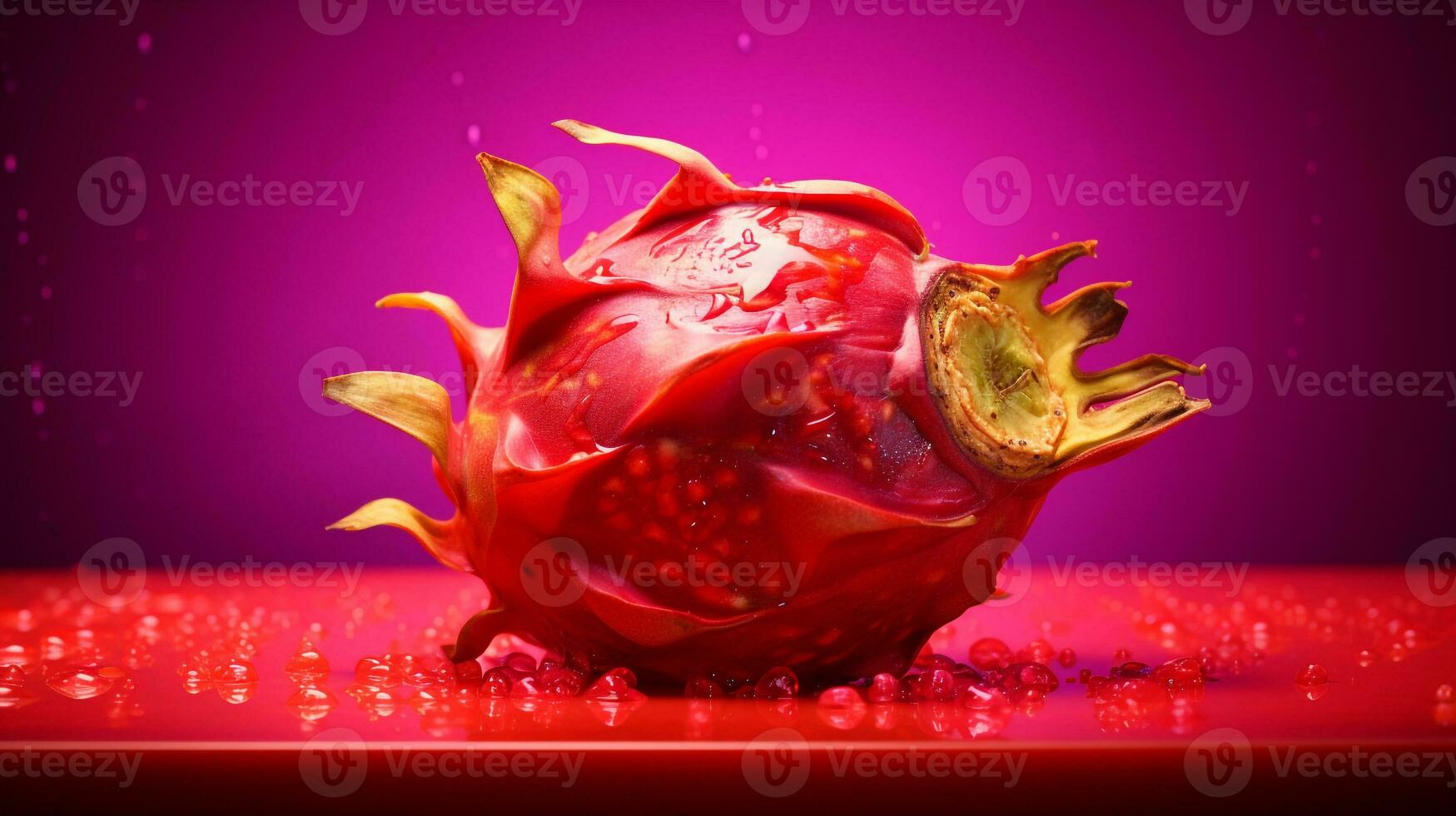 foto van rood pitahaya fruit voor de helft tegen een kleurrijk abstract achtergrond. generatief ai