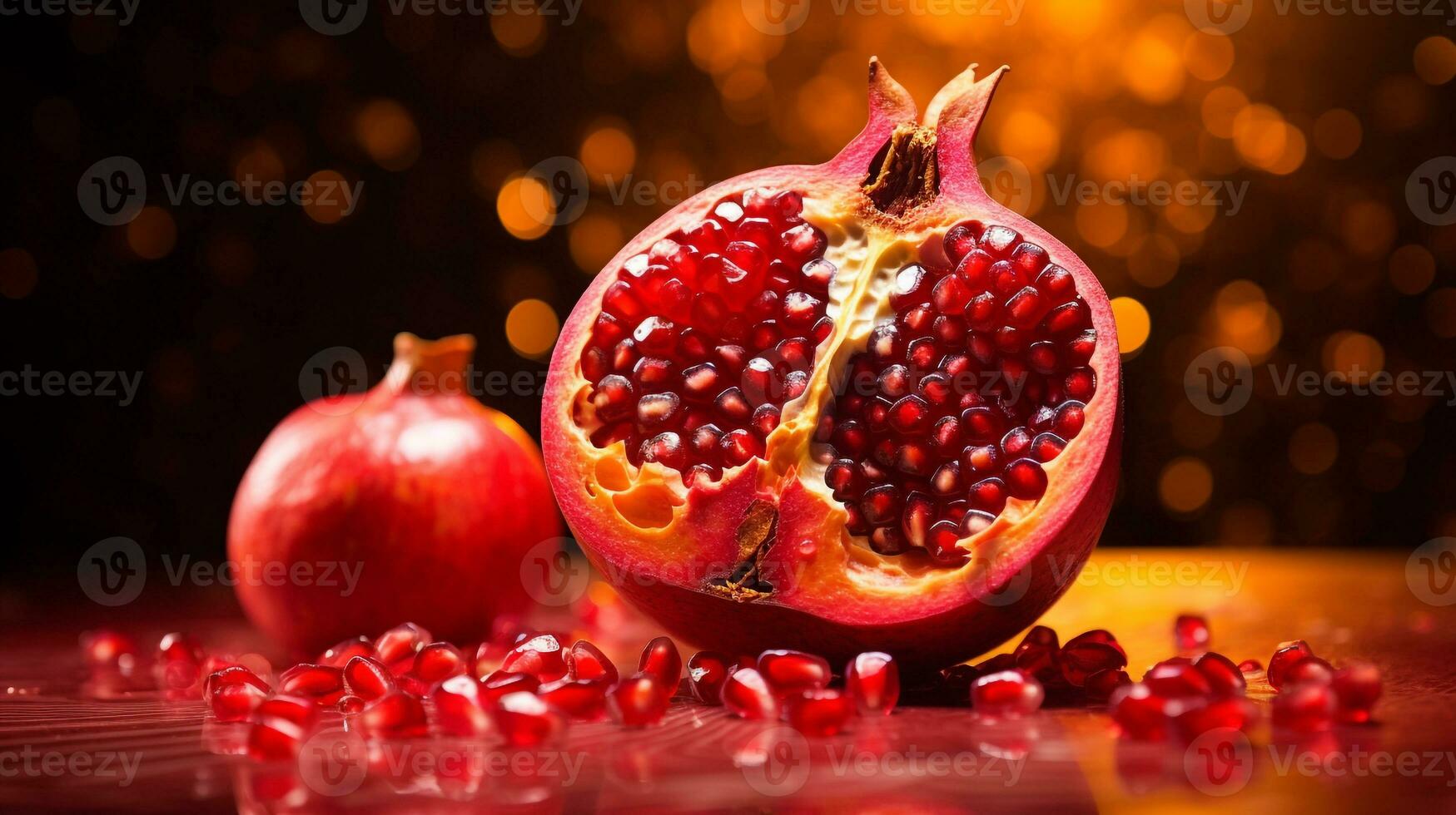 foto van granaatappel fruit voor de helft tegen een kleurrijk abstract achtergrond. generatief ai