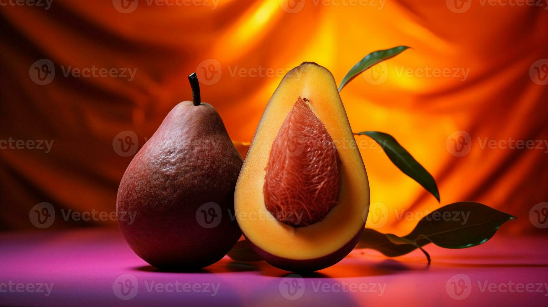 foto van mamey sapote fruit voor de helft tegen een kleurrijk abstract achtergrond. generatief ai