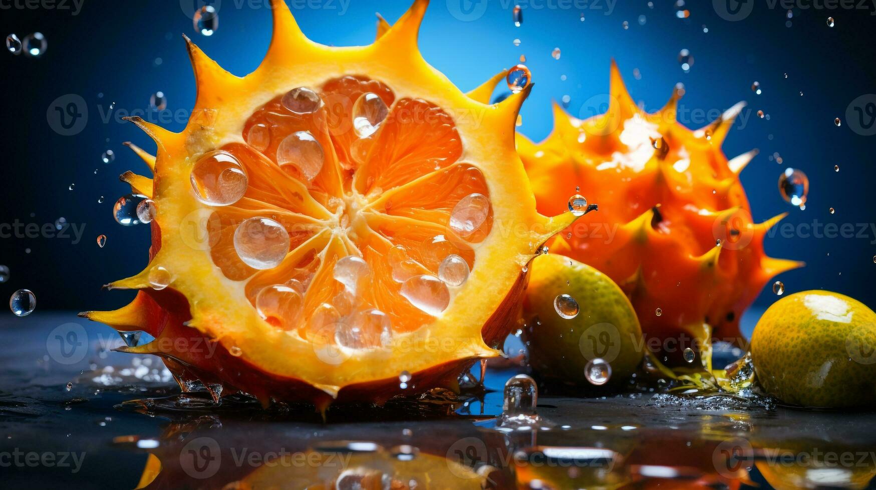 foto van kiwano fruit voor de helft tegen een kleurrijk abstract achtergrond. generatief ai