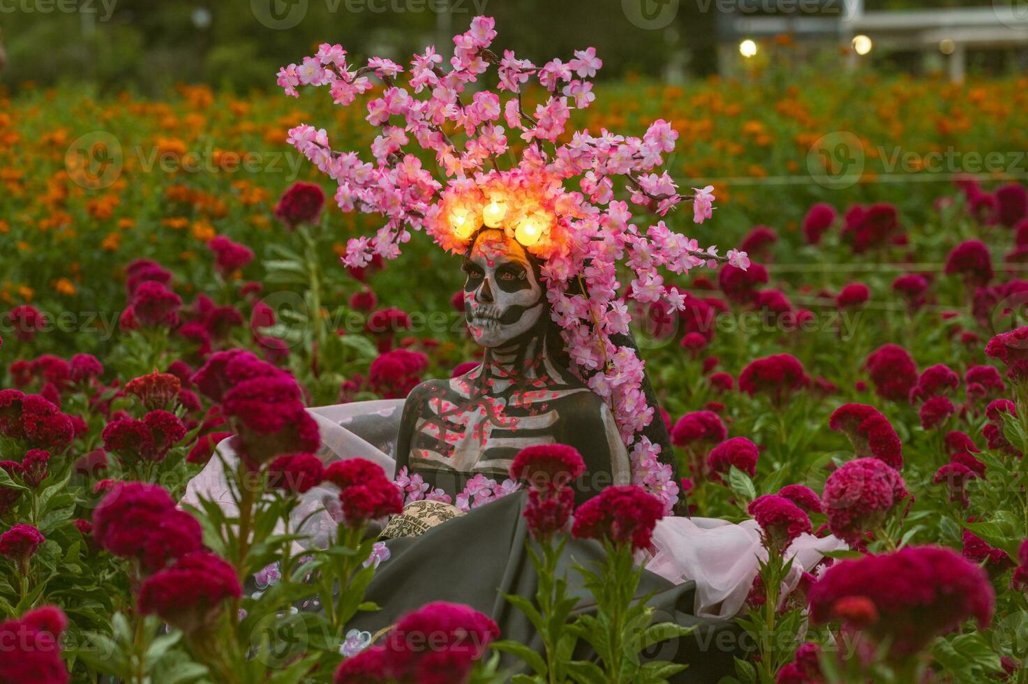 glorieus elegantie in de hart van cholula cempasuchil velden een betoverend dag van de dood fotoshoot, met een verbijsterend vrouw getransformeerd in een katrina, betalen naar de traditie van dood gaan de Muertos foto