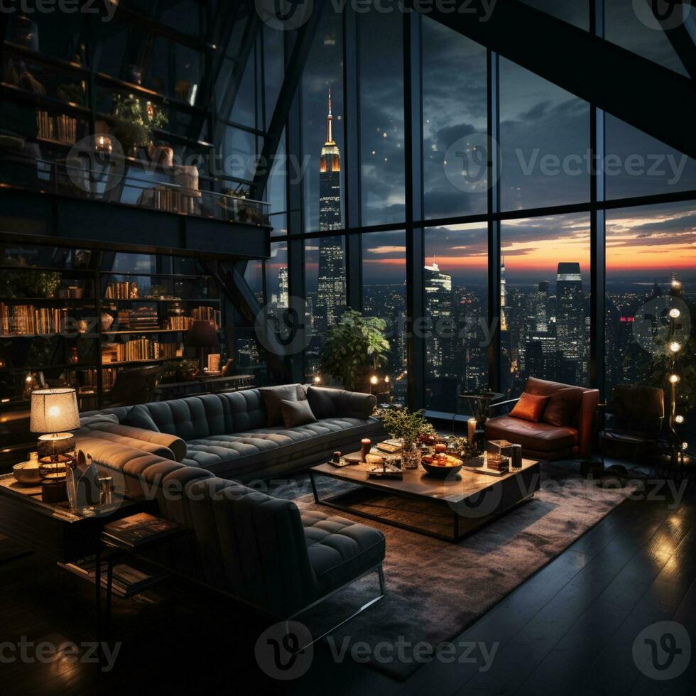 interieur ontwerp modern leven kamer, ramen tonen verbijsterend visie van de stad horizon, leeg kamer appartement, ai generatief foto