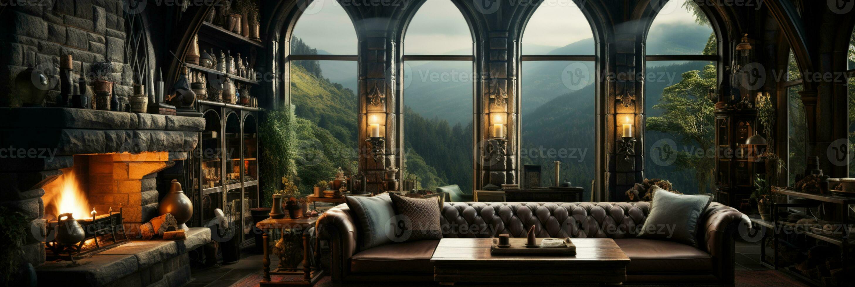 interieur ontwerp, mooi leven kamer gotisch stijl, luxe herenhuis, elegant hoog venster, ai generatief foto