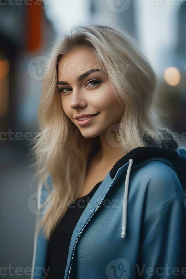 mooi blond jong vrouw vervelend trui capuchon blijven en poseren Aan stad straat. focus met bokeh. generatief ai foto