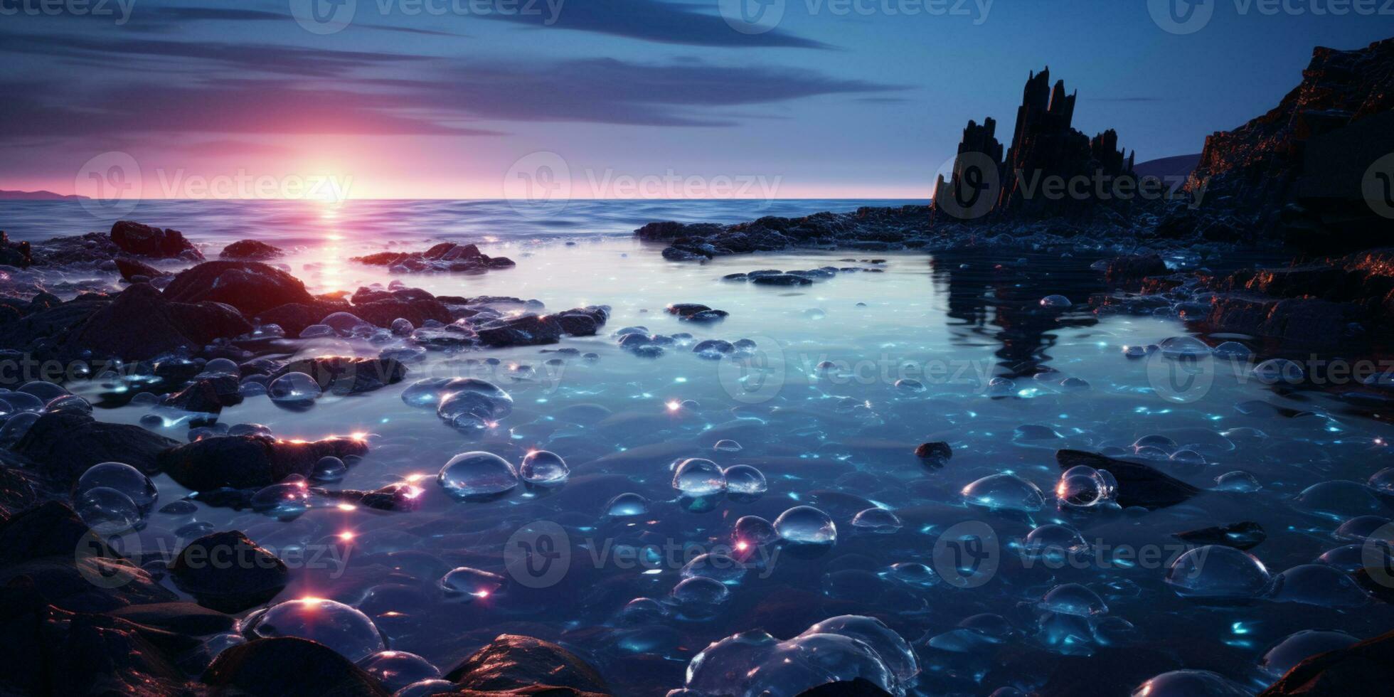 mooi glas strand, kleurrijk kiezels, fantasie zeegezicht, dromerig atmosfeer, ai generatief foto